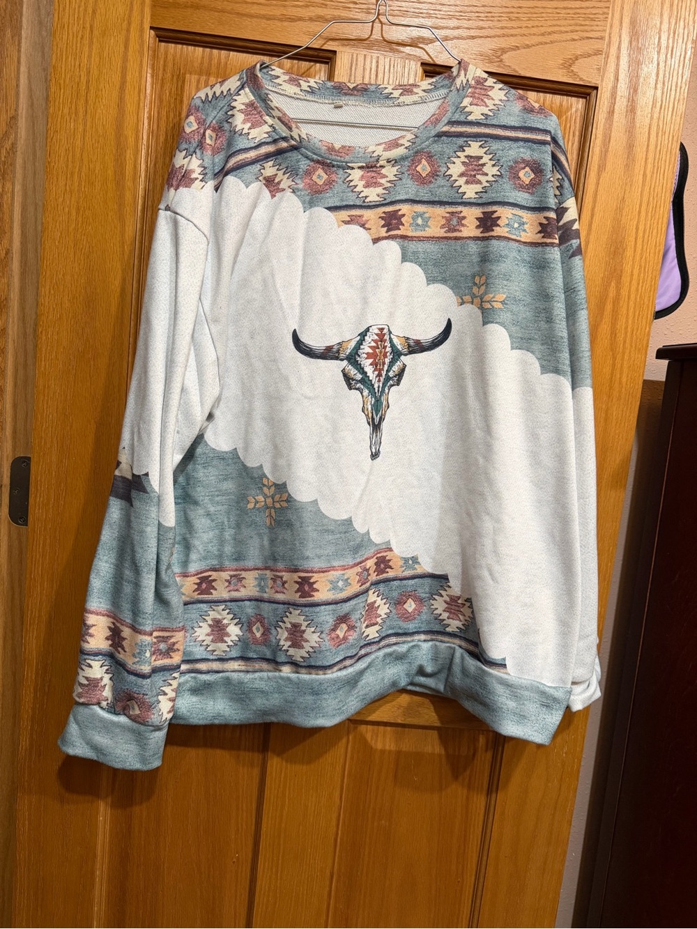 Bohemian Aztec Print Women's Sweater in Teal & Cream